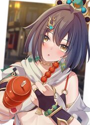  1girl absurdres arm_up armlet bare_shoulders blurry blurry_background blush bra bracelet bridal_gauntlets chinese_clothes choker collarbone commentary_request detached_collar detached_sleeves earrings food grey_eyes grey_hair hair_between_eyes hair_ornament hairclip hand_up head_tilt headpiece highres holding holding_food holding_skewer honkai:_star_rail honkai_(series) jewelry long_hair looking_at_viewer metaru856 multicolored_eyes open_mouth orange_eyes outdoors pendant reaching reaching_towards_viewer red_nails short_sleeves single_earring skewer solo solo_focus standing stomach tanghulu underwear yunli_(honkai:_star_rail) 