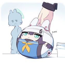  1girl 1other animal_ears aqua_eyes aqua_halo ball blue_archive blue_sailor_collar blue_shirt commentary disembodied_hand english_commentary fake_animal_ears frown halo helmet highres neckerchief projectorzero purple_hair rabbit_ears sailor_collar saki_(blue_archive) shirt silhouette simple_background souvenir_doll_(blue_archive) white_background white_helmet yellow_neckerchief 