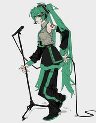  1girl :&lt; aa_(happy2525_aao) adapted_costume arm_behind_back black_footwear black_pants black_skirt breasts cable closed_mouth collared_shirt detached_sleeves fingernails from_side full_body green_eyes green_hair green_nails green_necktie grey_background grey_shirt hatsune_miku highres holding holding_cable holding_microphone_stand long_fingernails long_hair looking_to_the_side medium_breasts microphone_stand necktie number_tattoo pants pants_under_skirt shirt shoes shoulder_tattoo simple_background skirt sleeveless sleeveless_shirt solo standing standing_on_one_leg tattoo track_pants twintails very_long_hair vocaloid 