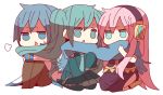  aqua_hair blue_eyes blue_hair chibi hatsune_miku headphones kaito long_hair megurine_luka niwako pink_hair scarf shared_scarf simple_background sitting skirt thighhighs twintails vocaloid 