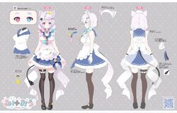  1girl :3 animal_ear_hairband animal_ears apron artist_logo artist_name back_bow black_footwear black_tail black_thighhighs blue_eyes blue_skirt bow braid breasts cat_ear_hairband cat_ears character_name commentary_request electric_plug electric_plug_tail fake_animal_ears frilled_hairband frilled_skirt frills gradient_hair grey_background hair_ornament hairband heterochromia highres hikimayu indie_virtual_youtuber legwear_garter light_blush light_smile long_hair looking_at_viewer mary_janes medium_breasts mikeou mikeou_(vtuber) multicolored_clothes multicolored_hair multiple_views official_art pigeon-toed pink_eyes profile purple_hair qr_code reference_sheet self-portrait shirt shoes sideboob skirt sleeveless sleeveless_shirt standing streaked_hair tail thick_eyebrows thigh-highs translation_request turnaround twin_braids waist_apron white_apron white_bow white_hairband wrist_cuffs x_hair_ornament 