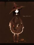  black_hair boots brown brown_background brown_dress dress english hal_(angelic_devil) halloween happy_halloween hat long_hair original pumpkin skirt skirt_basket skirt_lift solo standing stuffed_animal stuffed_bunny stuffed_rabbit stuffed_toy witch_hat 