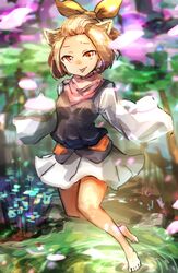  1girl ash_blossom_&amp;_joyous_spring barefoot brown_hair dog_girl duel_monster forehead forest full_body hatano_kiyoshi japanese_clothes kimono long_sleeves looking_at_viewer nature orange_eyes short_kimono smile solo yu-gi-oh! 