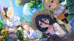  4girls animal_ear_headphones animal_ears aqua_halo aris_(blue_archive) black_hair blonde_hair blue_archive blue_eyes blue_shirt blush brown_jacket bug butterfly_net camisole cat_ear_headphones closed_eyes commentary_request fake_animal_ears frilled_shirt frills game_development_department_(blue_archive) green_eyes green_halo hair_between_eyes halo hand_fan hand_net hat headphones highres holding holding_fan jacket long_hair long_hair_between_eyes midori_(blue_archive) momoi_(blue_archive) multiple_girls open_mouth outdoors pink_halo rectangular_halo red_skirt redhead rhinoceros_beetle sakatsuki_yakumo shirt shorts siblings sisters skirt sky smile stag_beetle straw_hat summer t-shirt tree twins white_jacket yuzu_(blue_archive) 