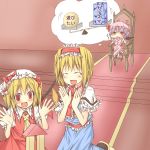  :d alice_margatroid bat_wings blonde_hair blue_hair chair chibi clapping closed_eyes flandre_scarlet hat natsuk open_mouth red_eyes remilia_scarlet scale sitting smile touhou wings 