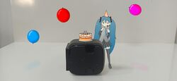 balloon birthday birthday_cake birthday_hat blue_eyes blue_hair blue_tie closed_mouth happy hatsune_miku open_eyes stagking vocaloid