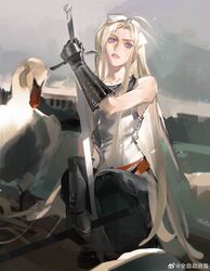  1girl absurdres armor axis_powers_hetalia bare_shoulders belarus_(hetalia) bird blonde_hair bow breastplate gauntlets hair_bow hand_on_hilt highres holding holding_sword holding_weapon long_hair looking_to_the_side parted_lips quan_zidong_xiaoyin sketch solo swan sword violet_eyes weapon weibo_watermark white_bird 