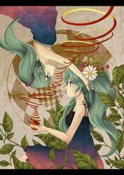  apple_peel aqua_eyes aqua_hair bad_id dress dual_persona flower food fruit hair_flower hair_ornament hatsune_miku highres holding holding_apple holding_fruit ligretto long_hair peeling rotational_symmetry surreal twintails vocaloid 