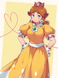  1girl absurdres blue_eyes breasts brown_hair crown dress earrings flower_brooch flower_earrings gloves hands_on_own_hips heart highres jewelry large_breasts long_dress looking_at_viewer medium_hair missou_shiro orange_dress pink_crown_(object) princess_daisy puffy_short_sleeves puffy_sleeves short_sleeves smile solo super_mario_bros. white_gloves 