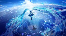  1girl absurdly_long_hair arms_at_sides bare_shoulders black_skirt black_sleeves black_thighhighs blue_hair blue_sky clouds collared_shirt cumulonimbus_cloud detached_sleeves facing_away fish from_behind hatsune_miku highres horizon liquid_hair long_hair long_sleeves makoron117117 miniskirt pleated_skirt reflection scenery shirt skirt sky sleeveless sleeveless_shirt solo stratosphere thigh-highs twintails very_long_hair vocaloid white_shirt wide_shot zettai_ryouiki 