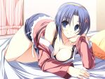  bed blue_eyes blue_hair blush breasts cleavage down_blouse hairband highres jpeg_artifacts large_breasts loose_shirt lying sakura_strasse short_hair shorts yuuki_makoto 