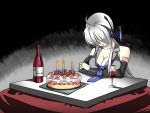  birthday_cake breasts caffein cake candle cleavage cup food kotatsu large_breasts lonely ponytail sad silver_hair table vocaloid voyakiloid wine wine_glass yowane_haku 