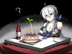  ahoge birthday birthday_cake breasts caffein cake candle cleavage cup detached_sleeves food grey_hair hair_ribbon headset kotatsu large_breasts ribbon solo spring_onion table vocaloid voyakiloid wine wine_glass yowane_haku 