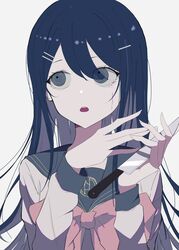  1girl :o black_hair black_sailor_collar bow bowtie danganronpa:_trigger_happy_havoc danganronpa_(series) grey_background grey_eyes grey_hair hair_between_eyes hair_ornament hairclip hands_up highres holding holding_knife knife long_hair long_sleeves maizono_sayaka multicolored_hair phare_(spring_ha1ru) pink_bow pink_bowtie sailor_collar sideways_glance simple_background solo tears teeth two-tone_hair upper_body upper_teeth_only 