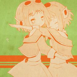  2girls ? bemani blush chaki_(chakan) character_request closed_eyes closed_mouth goggles goggles_on_head hug long_sleeves looking_at_viewer lowres midriff monochrome multiple_girls no_nose open_mouth short_hair skirt upper_body 