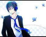  absurdres blue_eyes blue_hair glasses headphones highres male necktie original shirotaka_(akrrkm) solo 