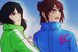  2girls artist_name black_hair blue_background blue_eyes blue_jacket brown_eyes collared_jacket dragon_ball dragon_ball_super english_commentary glasses green_jacket hange_zoe high_collar highres jacket long_hair looking_ahead looking_to_the_side multiple_girls open_mouth pieck_finger ponytail shingeki_no_kyojin sunlight track_jacket upper_body vslayerart white_trim 