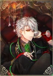  1boy alice39r black_suit collared_shirt cup drinking_glass formal gloves green_necktie heterochromia highres hood_over_one_eye jewelry judah_(shironeko_project) male_focus necktie ring shironeko_project shirt sitting solo suit white_hair wine_glass 