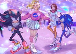  blonde_hair blue_eyes brown_hair green_eyes highres ice_skates ice_skating lancelhog maria_robotnik nasa_logo princess_elise_the_third red_eyes shadow_the_hedgehog skates skating skirt sonic_(series) sonic_the_hedgehog 