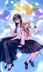  2girls :d arm_between_legs artist_name balloon black_footwear black_hair black_sailor_collar black_skirt bob_cut brown_eyes clouds cloudy_sky collared_shirt commentary copyright_name day expressionless hand_up happy hashtag-only_commentary high_heels himawari-san himawari-san_(character) holding holding_balloon invisible_chair kazamatsuri_matsuri kneehighs light_brown_hair long_skirt long_sleeves looking_at_viewer looking_to_the_side multiple_girls neckerchief open_mouth outdoors pleated_skirt red_neckerchief sailor_collar school_uniform serafuku shirt shoes signature sitting skirt sky sleeves_rolled_up smile socks sparkle star_(symbol) sugano_manami violet_eyes white_shirt white_socks 