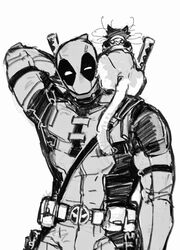  1boy animal_on_shoulder animalization arm_up belt bodysuit cat commentary deadpool deadpool_&amp;_wolverine deadpool_(series) dishing gloves greyscale katana male_focus marvel mask monochrome muscular muscular_male superhero_costume sword sword_on_back symbol-only_commentary tail two-tone_bodysuit weapon weapon_on_back wolverine_(x-men) 