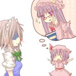  :d arms_up bespectacled blood book chibi glasses izayoi_sakuya maid maid_headdress natsuk nosebleed open_mouth patchouli_knowledge purple_eyes remilia_scarlet shaded_face silver_hair smile sparkle touhou violet_eyes 
