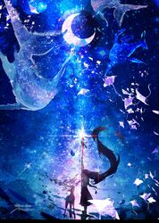  1girl animal archery bow_(weapon) commentary_request crescent_moon deer fish highres holding holding_bow_(weapon) holding_weapon makoron117117 moon night ocean original outdoors scenery sky standing star_(sky) starry_sky torii weapon 