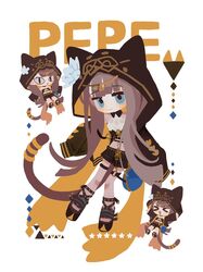  &gt;_&lt; 1girl :3 animal_ear_hood animal_ears ankh arknights black_hoodie black_shirt black_skirt blue_eyes blunt_ends blush_stickers brown_hair cat_ears cat_girl cat_tail character_name chibi chibi_inset commentary crop_top highres hood hoodie long_hair looking_at_viewer no_lineart open_mouth pepe_(arknights) scarf shirota_(petapeta84) shirt simple_background skirt smile solo star_(symbol) tail thigh_strap very_long_hair white_background white_scarf |_| 