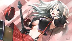  arisa_iriinchina_amieera armpits blue_eyes boots breasts brown_legwear fingerless_gloves flapper_shirt foreshortening gloves god_eater god_eater_burst hat hat_removed headwear_removed kurojishi large_breasts looking_at_viewer midriff no_bra open_mouth outstretched_hand pantyhose plaid plaid_skirt signature silver_hair skirt solo sword tartan thigh_boots thighhighs under_boob underboob weapon 