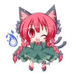  animal_ears braid cat_ears cat_pose cat_tail chibi dress fang hair_ribbon kaenbyou_rin lilywhite_lilyblack multiple_tails paw_pose red_eyes red_hair ribbon solo tail touhou twin_braids twintails wink 