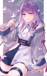  1girl black_choker braid choker closed_mouth diamond_cutout dress hair_ornament highres jacket long_hair long_sleeves original pink_eyes pochimaru_(marumaru_wanwan) pom_pom_(clothes) pom_pom_hair_ornament purple_hair purple_nails solo white_dress 