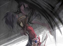  1boy 1other black_shirt brown_eyes brown_hair demon_wings duel_disk duel_monster facing_to_the_side grey_background hands_on_another&#039;s_shoulders jacket knees_up leaning_forward looking_down looking_to_the_side moribuden open_clothes open_jacket popped_collar purple_hair red_jacket shirt wings yu-gi-oh! yu-gi-oh!_gx yubel yuki_judai 