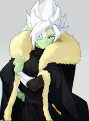  1boy black_pants black_shirt borrowed_clothes bracer closed_mouth coat colored_skin dragon_ball dragon_ball_heroes dragon_ball_super earrings eyepatch fur-trimmed_coat fur_trim fused_zamasu green_skin grey_eyes hearts_(dragon_ball) jewelry looking_to_the_side male_focus nana_tsuba_(pixiv78353289) official_alternate_costume one_eye_covered pants parted_bangs pointy_ears potara_earrings shirt short_hair smile solo spiky_hair third-party_source zamasu 