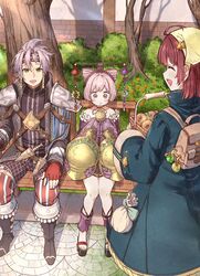  1boy 2girls :d armor atelier_(series) atelier_sophie backpack bag bagel bare_shoulders basket belt bench black_footwear boots brown_bag bush chinese_knot closed_eyes commentary_request cone_hair_bun corneria_(atelier) dagger dalachi_(headdress) day earrings eating endless_knot food gloves green_eyes grey_hair hair_bun hair_ornament head_scarf headband highres holding holding_food in-universe_location jewelry julio_sebal_leidenschaft knife long_sleeves looking_at_another multiple_girls on_bench open_mouth outdoors pink_eyes pink_hair red_gloves redhead sandals short_hair shoulder_armor sitting sleeves_past_fingers sleeves_past_wrists smile sophie_neuenmuller standing tree weapon yurai0739 