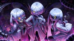  3girls absurdres bandaged_hand bandages blindfold blue_archive bow bowtie colored_skin commentary ein_(blue_archive) extra_pupils fang hair_over_one_eye highres khoaphan96 long_hair mask mechanical_hands mechanical_spine mechanical_tail mouth_mask multiple_girls ohr_(blue_archive) short_hair short_twintails sof_(blue_archive) symbol-shaped_pupils tail tongue tongue_out twintails white_hair white_skin x-shaped_pupils yellow_eyes 