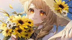  1girl blue_background blurry bouquet commentary_request depth_of_field flower grin hat hi_hiiii highres holding holding_bouquet leaf light_particles looking_at_viewer medium_hair orange_eyes original portrait smile solo teeth white_flower yellow_flower 