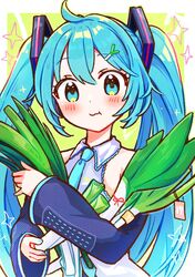  1girl :t ahoge aoiyui bare_shoulders black_sleeves blue_eyes blue_hair blue_nails blue_necktie blush border chewing closed_mouth collared_shirt detached_sleeves food food-themed_hair_ornament green_background hair_between_eyes hair_ornament hatsune_miku highres holding holding_food holding_vegetable hugging_object long_hair long_sleeves looking_at_viewer nail_polish necktie outside_border shirt sidelocks sleeveless sleeveless_shirt solo sparkle spring_onion spring_onion_hair_ornament twintails upper_body vegetable very_long_hair vocaloid white_border white_shirt wide_sleeves 