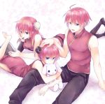  2girls antenna_hair bare_shoulders barefoot blue_eyes character_request china_dress chinese_clothes doll_hug hand_on_head highres lying maruki_(punchiki) multiple_girls open_mouth plush plush_hug pocky punchiki red_hair redhead short_hair sitting 