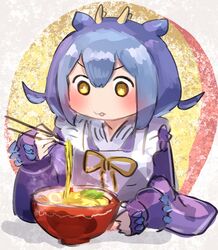  1girl apron blue_hair blue_kimono bowl chopsticks dragon_girl dragon_horns duel_monster eating food hatano_kiyoshi highres holding holding_chopsticks horns japanese_clothes kimono laundry_dragonmaid maid maid_apron noodles ramen solo wa_maid yellow_eyes yu-gi-oh! 