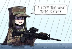  assault_rifle black_gloves brown_eyes brown_gloves brown_shirt camouflage camouflage_headwear camouflage_jacket commission english_text field_cap finger_on_trigger flashlight girls_frontline gloves gun holding holding_weapon in_water jacket karepack laser_sight long_hair long_sleeves m4_carbine m4a1_(girls&#039;_frontline) multicolored_hair open_mouth optical_sight parody rain rifle shirt speech_bubble streaked_hair upper_body water weapon 