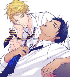  2boys a_jou adam&#039;s_apple aomine_daiki blonde_hair blue_hair closed_mouth collarbone collared_shirt commentary curled_fingers dark-skinned_male dark_blue_hair dark_skin ear_piercing earrings hand_on_own_face head_back head_rest index_finger_raised jewelry kise_ryouta kuroko_no_basuke leaning leaning_back looking_to_the_side male_focus multiple_boys necktie one_eye_closed open_collar patterned_clothing piercing shirt sideways_glance simple_background smile teeth tongue tongue_out undone_necktie upper_teeth_only white_background white_shirt yellow_eyes 