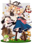  alice_margatroid bad_id blonde_hair bloomers blue_eyes book boots bow braid broom cross-laced_footwear crossed_legs doll doll_joints green_eyes grin hair_bow hairband hat high_heels hourai_doll izumi_minami kirisame_marisa knee_boots lace-up_boots looking_at_viewer multiple_girls mushroom pointing shoes short_hair single_braid sitting smile star touhou witch_hat yellow_eyes 