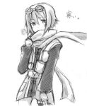  ama. breath covering_mouth expressionless gloves goggles goggles_on_head monochrome rita_mordio scarf short_hair solo tales_of_(series) tales_of_vesperia white_background 