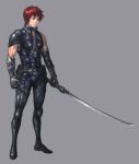 armor katana lapucelle_(arasoo1210) lapucelle_(artist) male muscle original red_eyes red_hair redhead short_hair simple_background solo sword weapon 