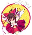  aristocrat-y ascot bad_id bow brown_hair circle face from_above gohei hair_bow hair_ribbon hakurei_reimu homura_(aristocrat-y) looking_up ofuda ponytail red_eyes ribbon solo touhou 