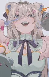  1girl 87yanagi absurdres animal_ears claw_pose commentary earrings fangs grey_hair hair_between_eyes hair_ornament hairclip highres hololive jewelry lion_ears looking_at_viewer nail_polish open_mouth shirt shishiro_botan simple_background smile ssrb_(shishiro_botan) teeth virtual_youtuber 