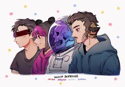  1other 3boys animal_ears animal_hat animification apandah aztrosist bar_censor beard black_shirt blue_hoodie brown_hair censored character_name commentary copyright_name english_commentary english_text facial_hair fake_animal_ears from_side gomi_(gomiidd) hat highres hood hood_down hoodie horns jschlatt male_focus mikasacus minecraft_youtube multiple_boys mustache panda_ears pink_hair pink_hoodie profile sheep_boy sheep_ears sheep_horns shirt short_hair short_sleeves skeleton sleep_deprived_(podcast) spacesuit star_(symbol) upper_body white_background 