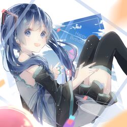  1girl :d bare_shoulders black_skirt black_sleeves black_thighhighs blue_eyes blue_hair blurry blurry_background blurry_foreground blush commentary_request detached_sleeves feet_out_of_frame fingernails floating frilled_shirt frills from_side grey_shirt hair_ornament hair_over_shoulder happy_birthday hatsune_miku knees_up light_particles long_hair looking_at_viewer looking_to_the_side miniskirt multicolored_background open_mouth pleated_skirt shiromi shirt sideways_glance skirt sleeveless sleeveless_shirt sleeves_past_elbows smile solo teeth thick_eyelashes thigh-highs turning_head twintails upper_teeth_only vocaloid wide_sleeves zettai_ryouiki 