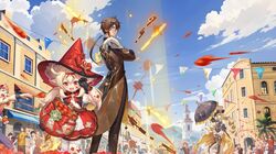  1boy 2girls black_gloves blonde_hair blue_eyes bow bowtie breasts brown_coat brown_hair closed_mouth clouds cloudy_sky coat drill_hair drill_sidelocks earrings genshin_impact gloves gradient_hair hair_between_eyes hat highres holding holding_umbrella jewelry klee_(blossoming_starlight)_(genshin_impact) klee_(genshin_impact) long_hair long_sleeves multicolored_hair multiple_boys multiple_girls navia_(genshin_impact) official_alternate_costume official_art open_mouth pointy_ears ponytail red_bow red_eyes red_hat ribbon short_sleeves sidelocks single_earring sky smile tomato twintails umbrella very_long_hair vision_(genshin_impact) witch_hat yellow_eyes zhongli_(genshin_impact) 