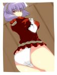  ass breast_suppress breasts duel_force_(artist) expressionless from_behind highres looking_back meicha_(drill-biyori) no_pants panties purple_hair red_eyes short_hair solo touhou underwear wide_hips yasaka_kanako 